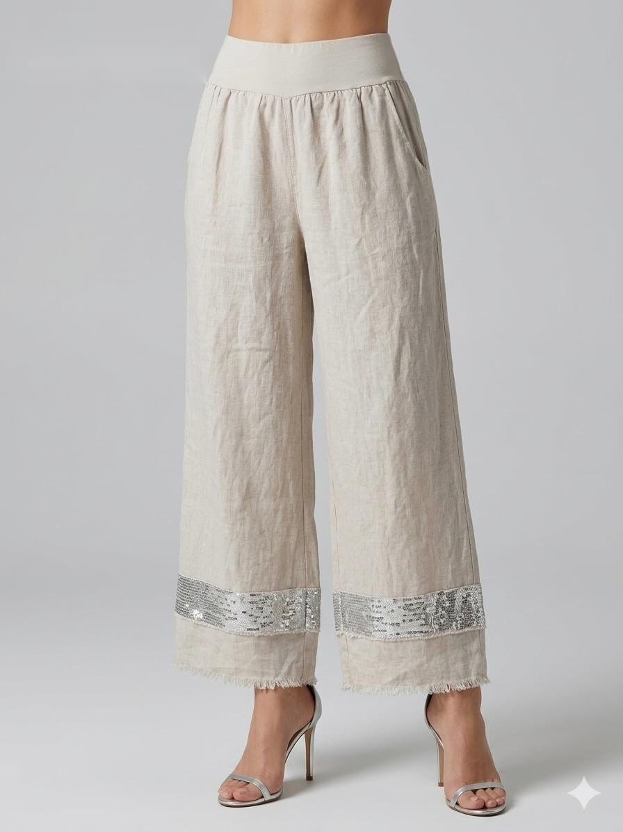 Sequin-Trimmed Cream Linen Cropped Palazzo Pants
