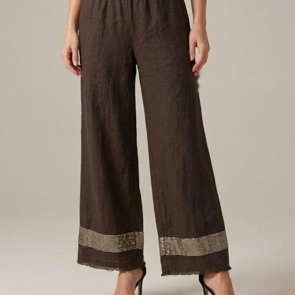 Chocolate Linen Palazzo with Gold Trim