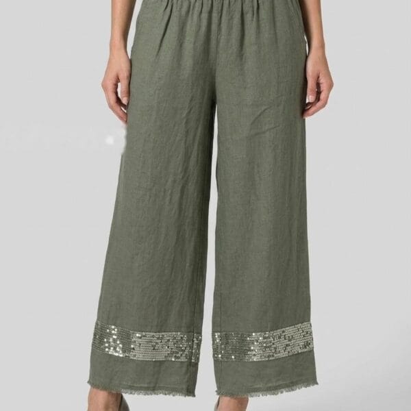 Sage Sequin Hem Linen Palazzo Pants