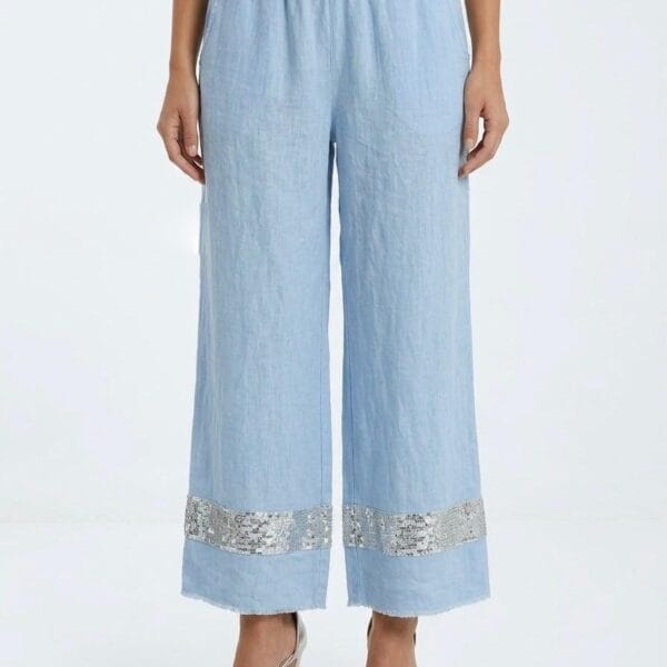 Celestial Blue Sequin-Trimmed Linen Palazzo Pants