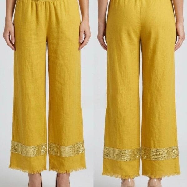 Golden Sequin Hem Linen Palazzo Pants