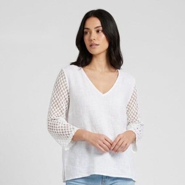 Ivory Lace Bell Sleeve Linen Top