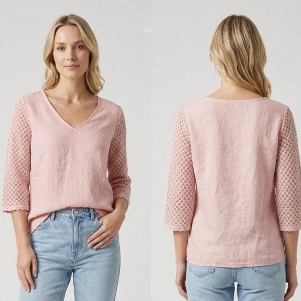Blush Lace Sleeve Linen V-Neck Top