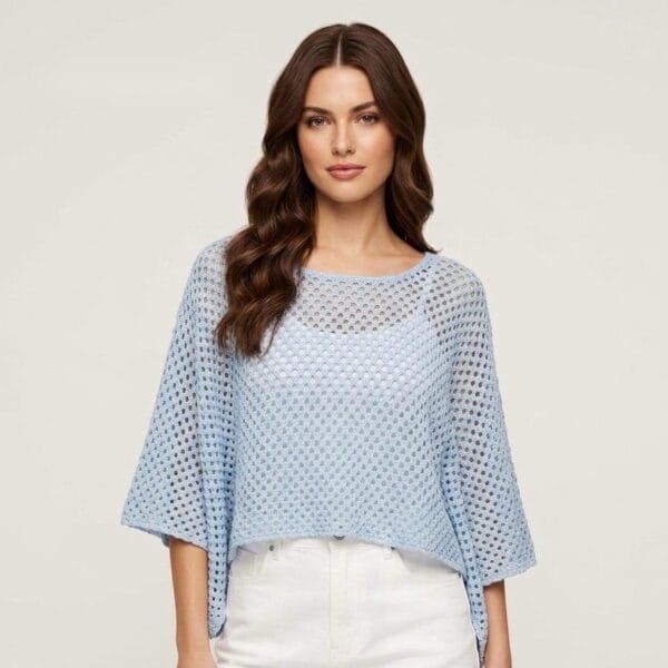 Perforated Sky Blue Linen Poncho