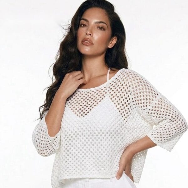 Ivory Lattice Linen Puff Sleeve Top
