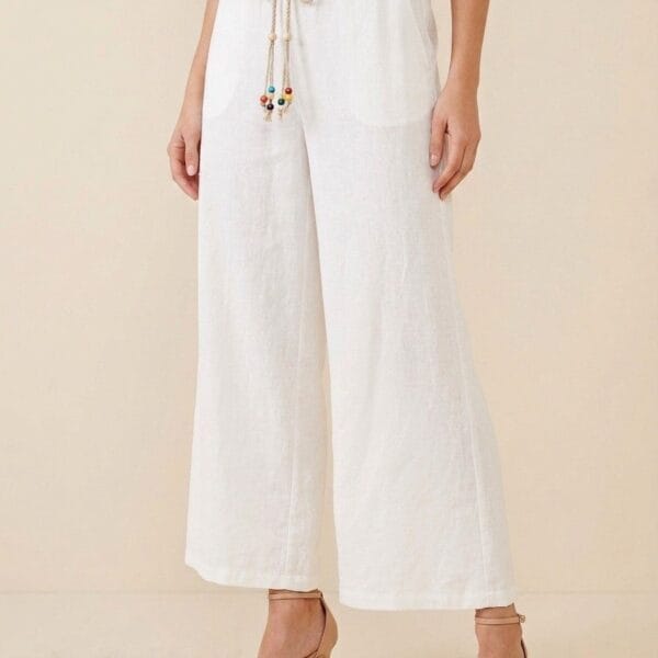 Ivory Linen Wide-Leg Drawstring Trousers
