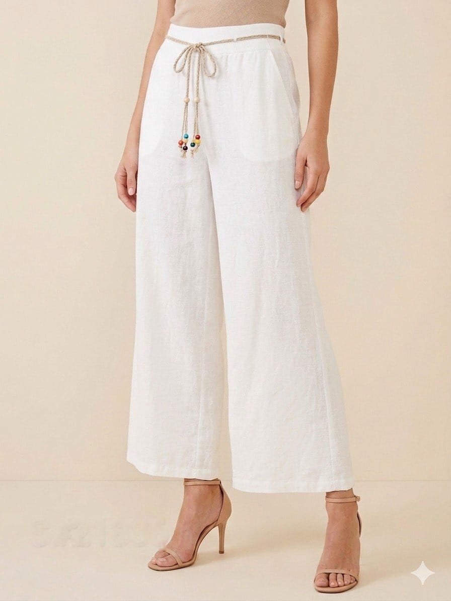 Ivory Linen Drawstring Crop Pants