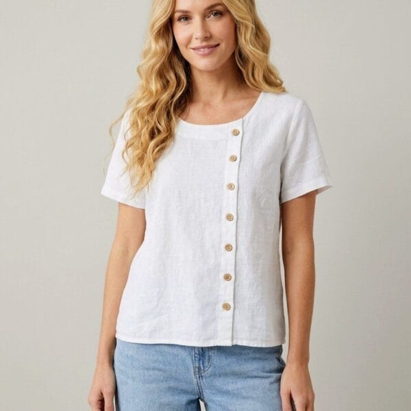 Linen Button-Front Short Sleeve Tee