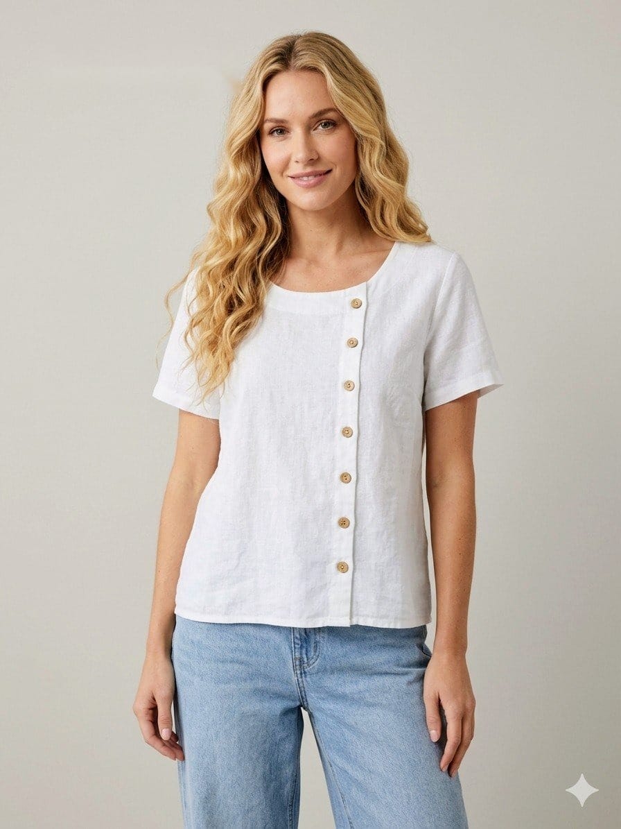 Linen Button-Front Short Sleeve Tee