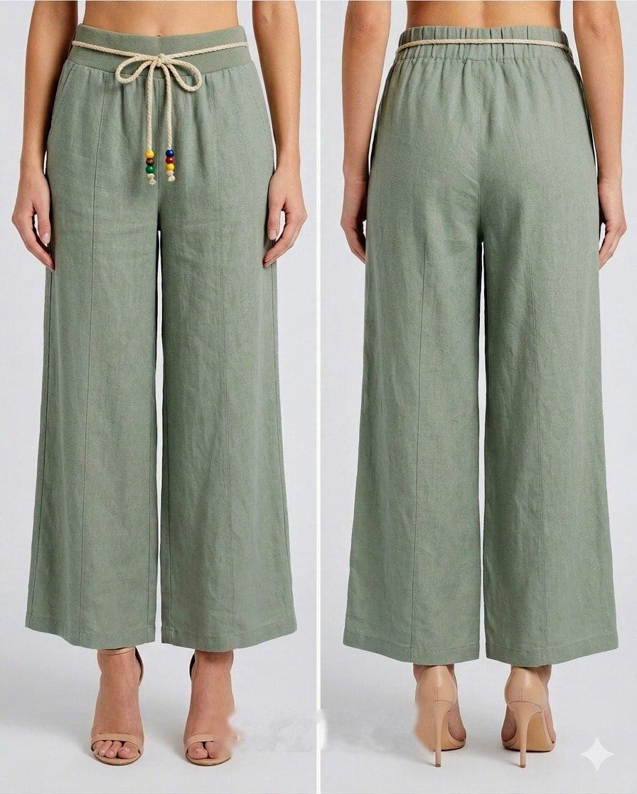 Sage Beaded Drawstring Linen Culottes