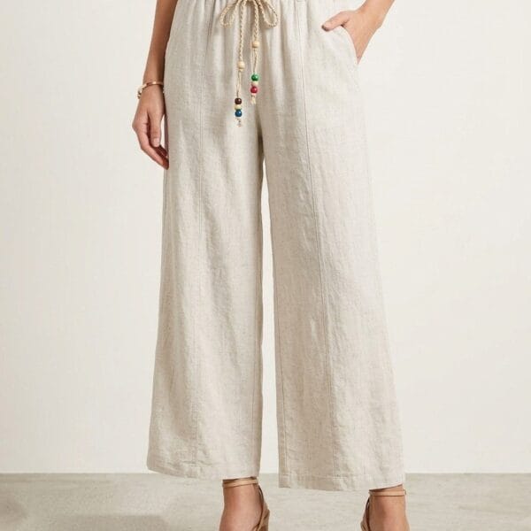 Beaded Drawstring Linen Crop Pants