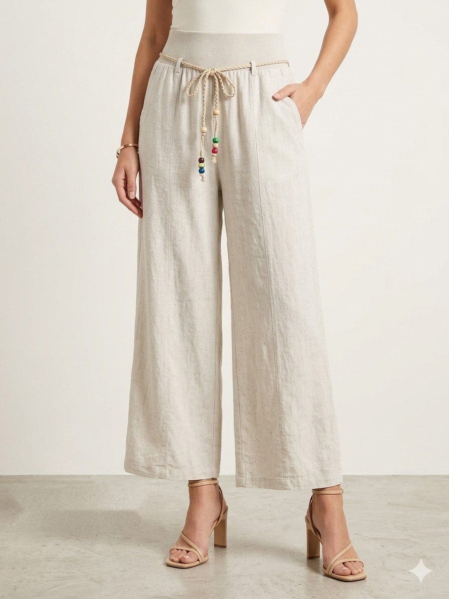 Beaded Drawstring Linen Crop Pants