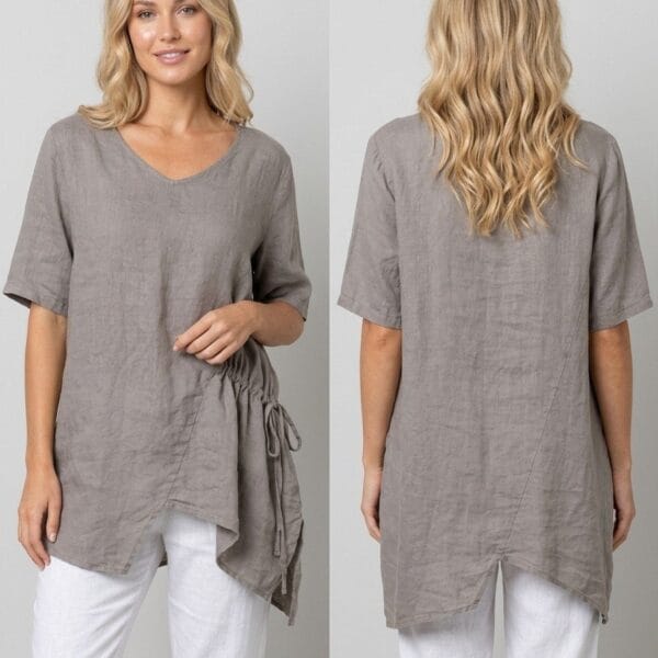 Taupe Linen Side-Tie Tunic Blouse
