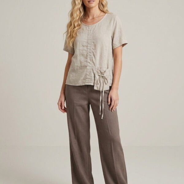 Taupe Linen Side-Tie Tee