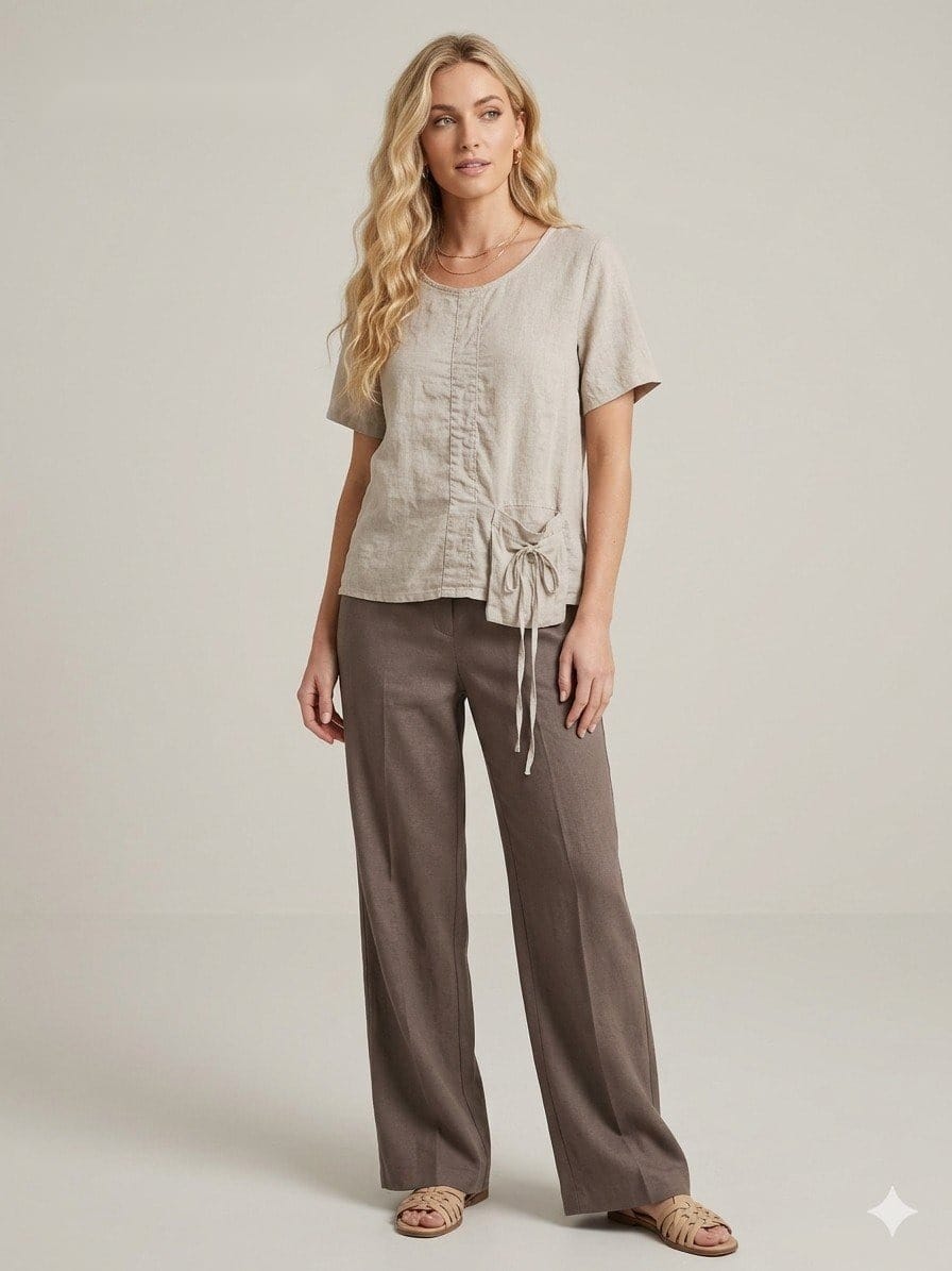 Taupe Linen Side-Tie Tee