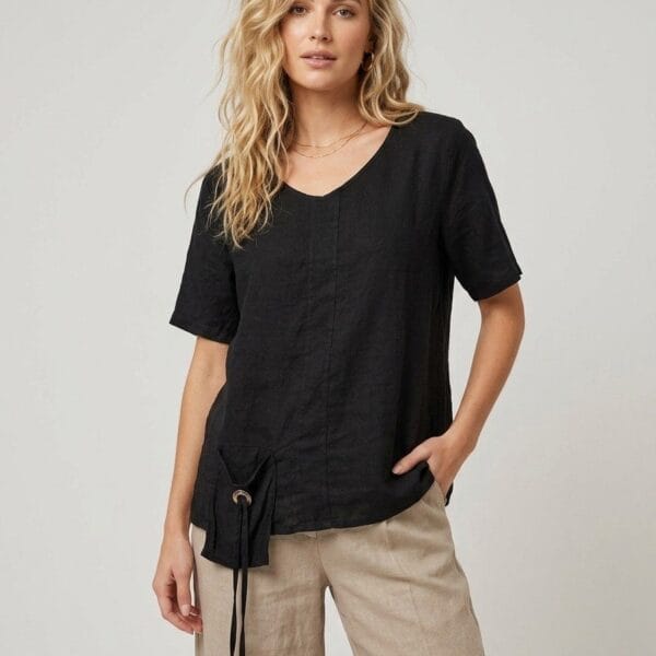 Drawstring Black Linen V-Neck Tee