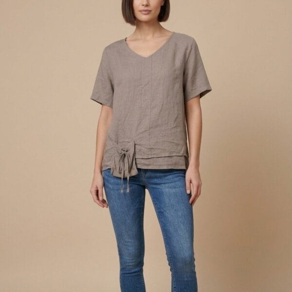 Taupe Linen Drawstring Tie Blouse
