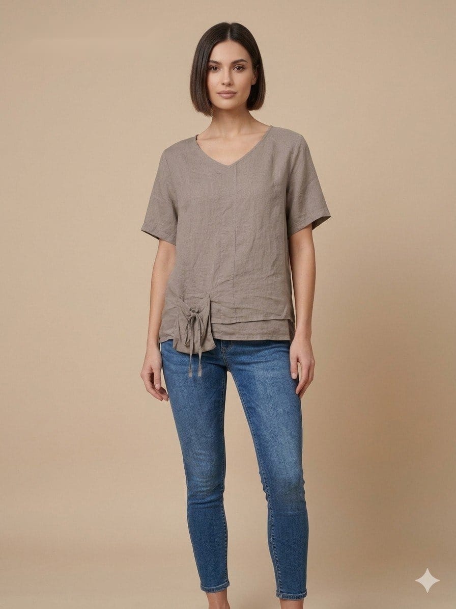 Taupe Linen Drawstring Tie Blouse