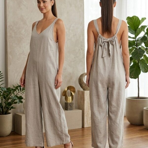 Linen Bowback Jumpsuit in Natural Linen