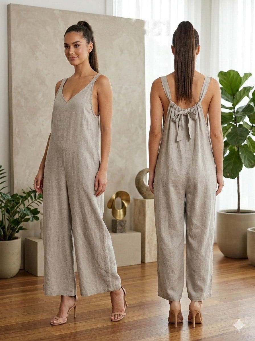 Linen Bowback Jumpsuit in Natural Linen
