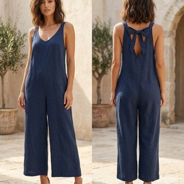Midnight Linen Bow-Back Jumpsuit