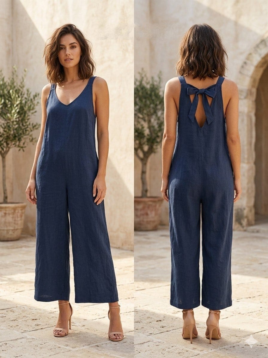 Midnight Linen Bow-Back Jumpsuit