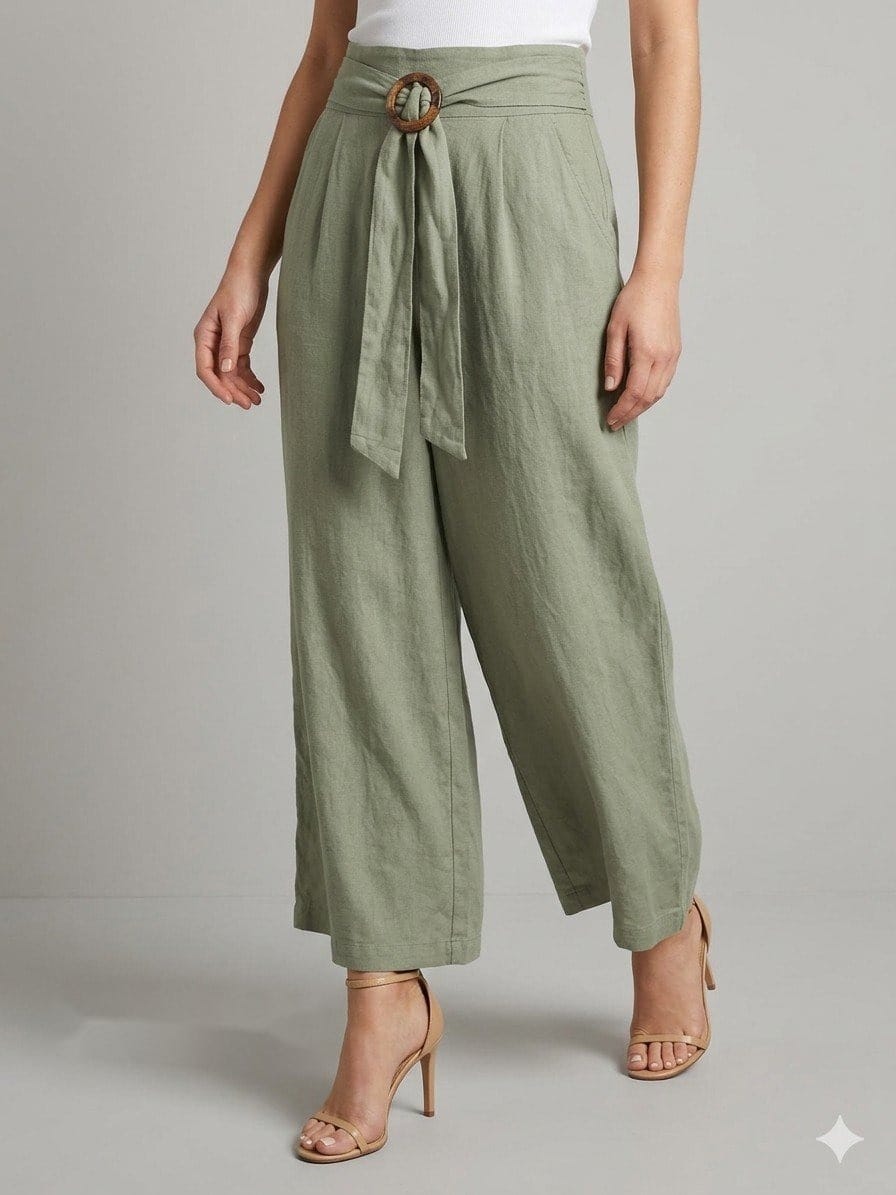 Sage Linen Wrap Waist Culotte Pants
