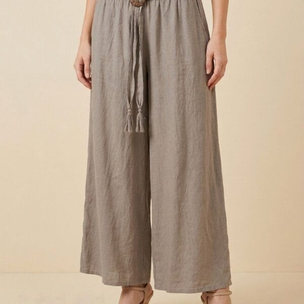 Taupe Linen Palazzo Pants with Wooden Buckle