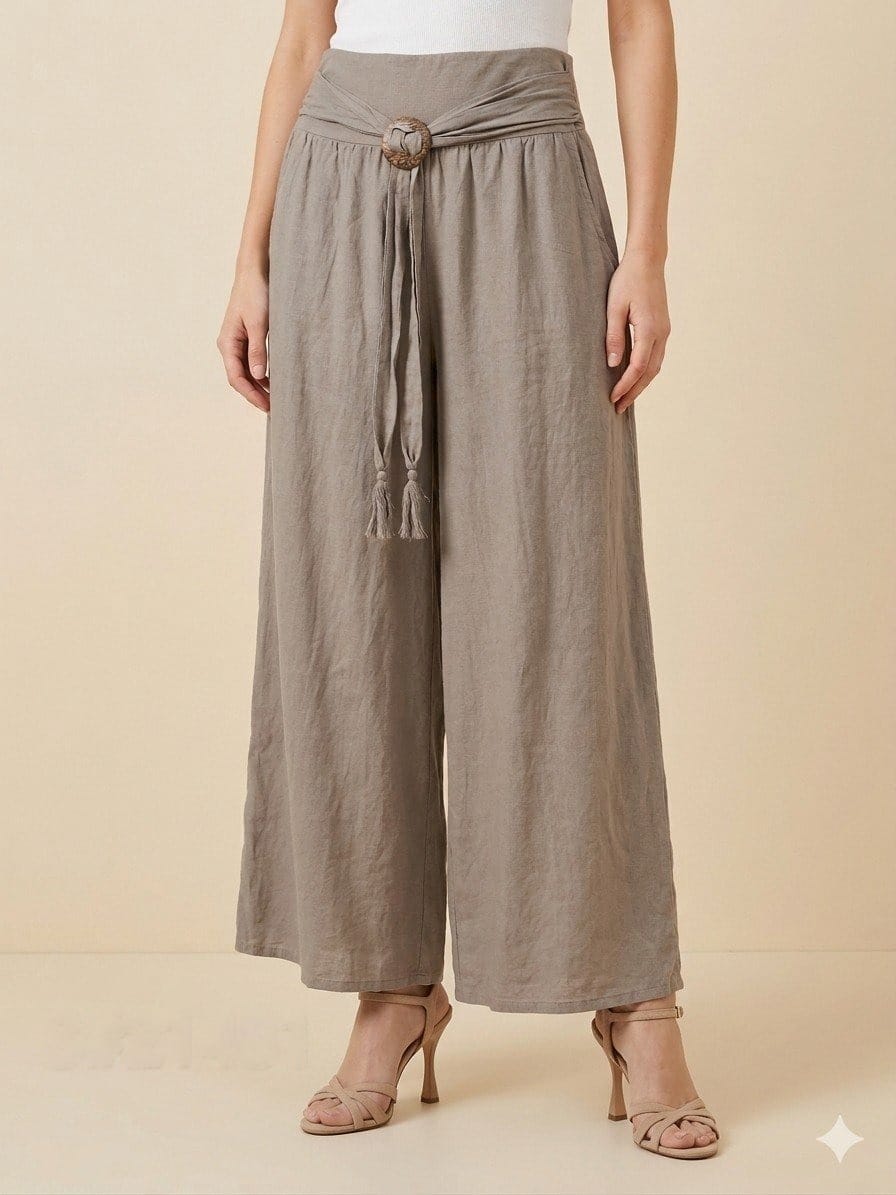 Taupe Linen Palazzo Pants with Wooden Buckle
