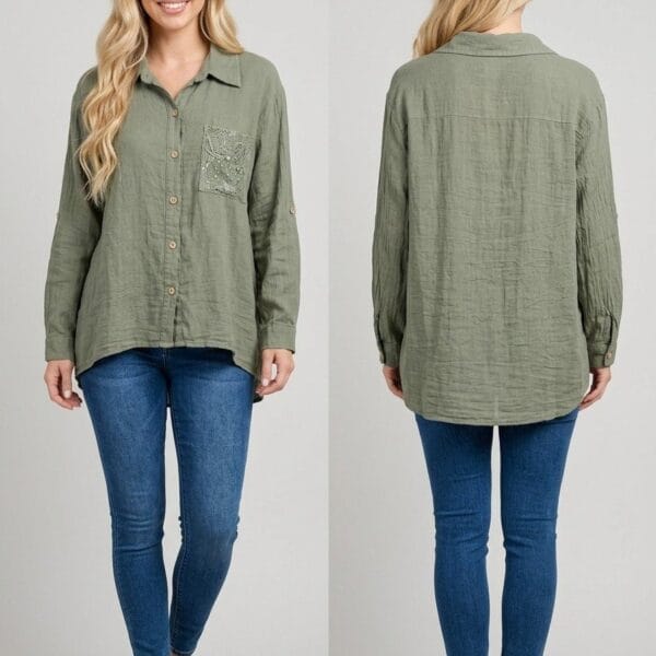 Sage Sequin Pocket Linen Shirt