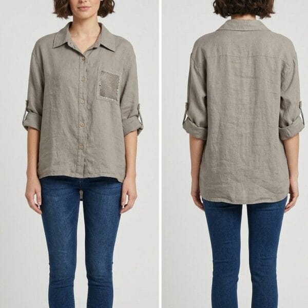 Sage Linen Shirt with Mesh Pocket Detail