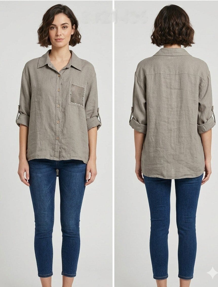 Sage Linen Shirt with Mesh Pocket Detail