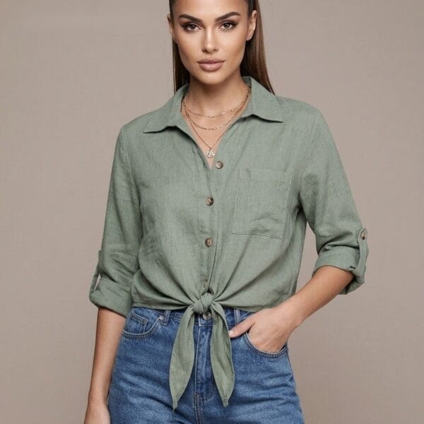 Sage Linen Tie-Front Shirt