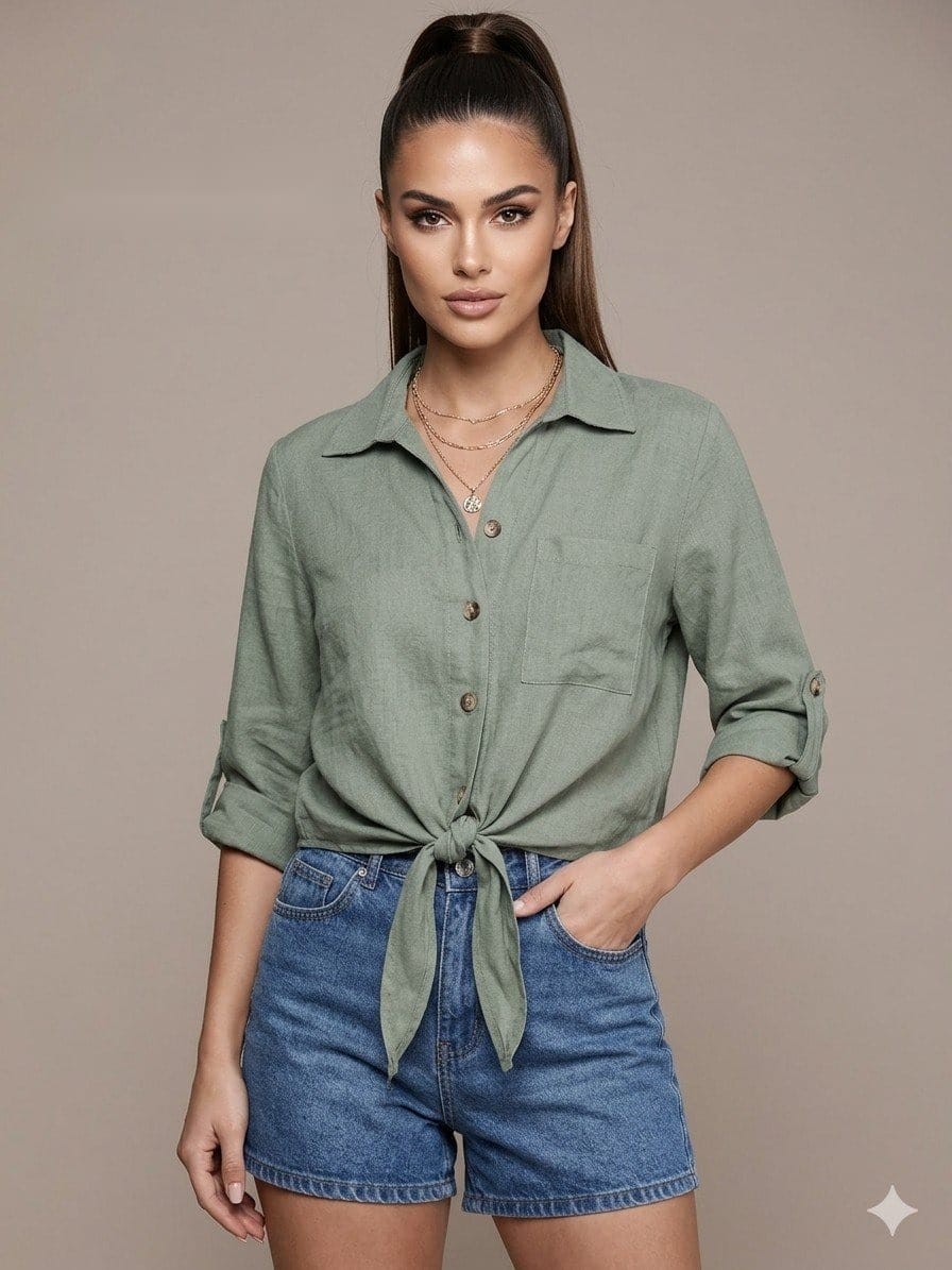 Sage Linen Tie-Front Shirt