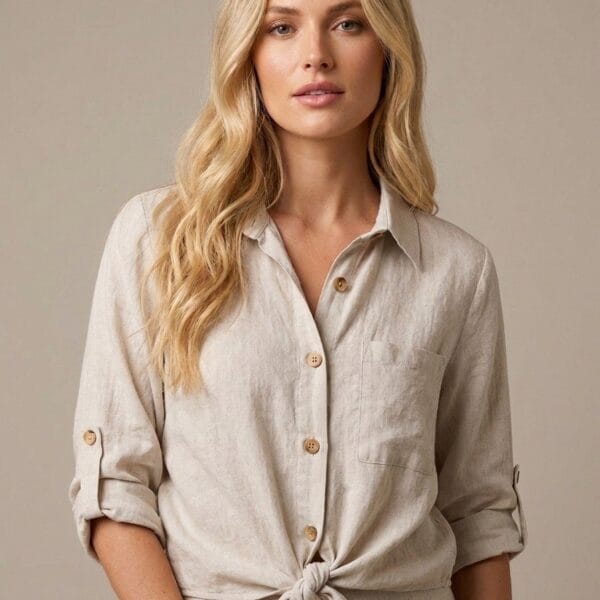 Lightweight Linen Tie-Front Shirt in Cream