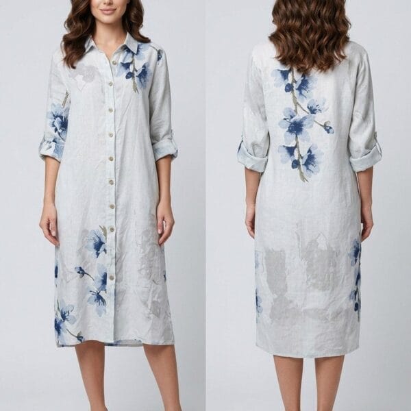 Indigo Bloom Linen Shirt Dress