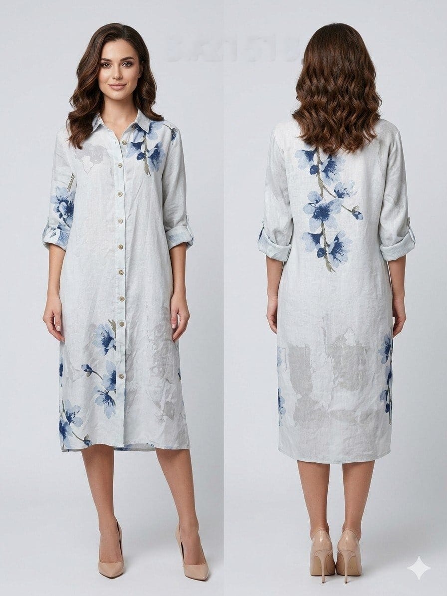 Indigo Bloom Linen Shirt Dress