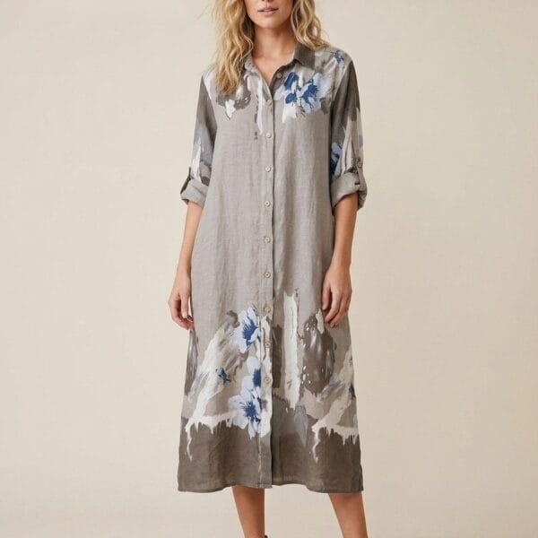 Watercolor Floral Linen Shirt Dress