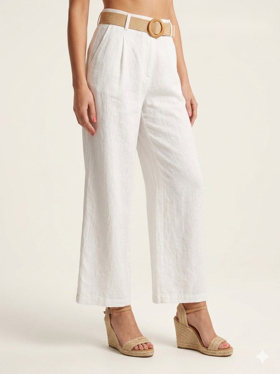 Coastal Linen Cropped Trousers with Woven Belt