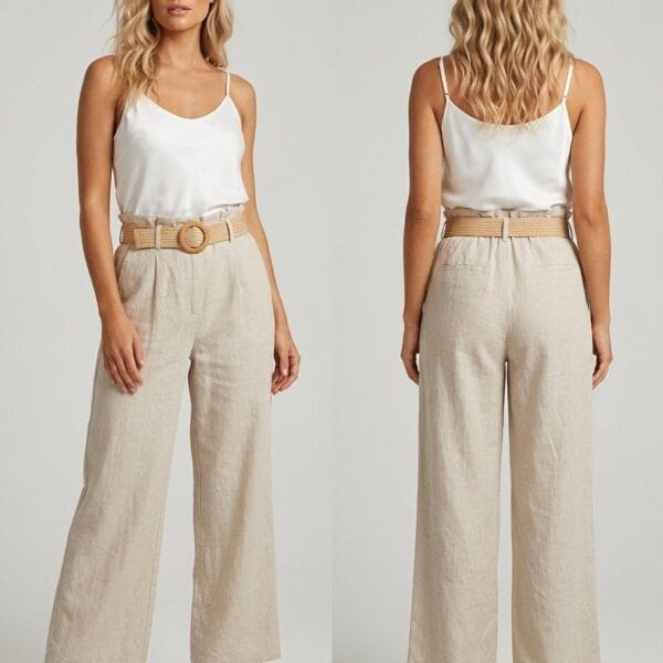 Cream Linen High-Waist Wide-Leg Trousers