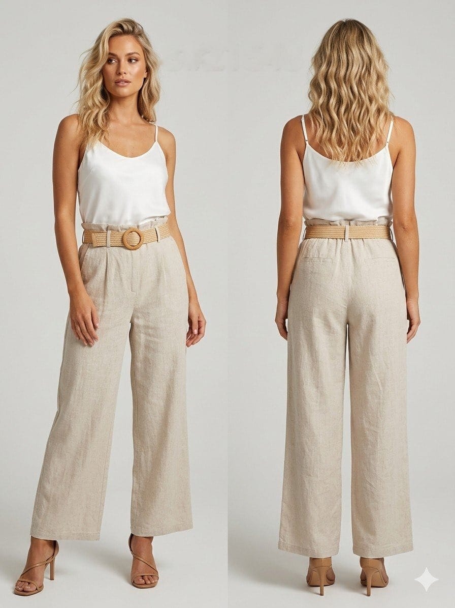 Cream Linen High-Waist Wide-Leg Trousers