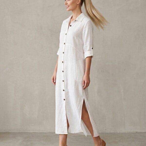 Ivory Linen Button-Down Shirt Dress