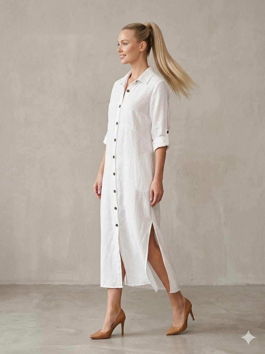 Ivory Linen Button-Down Shirt Dress