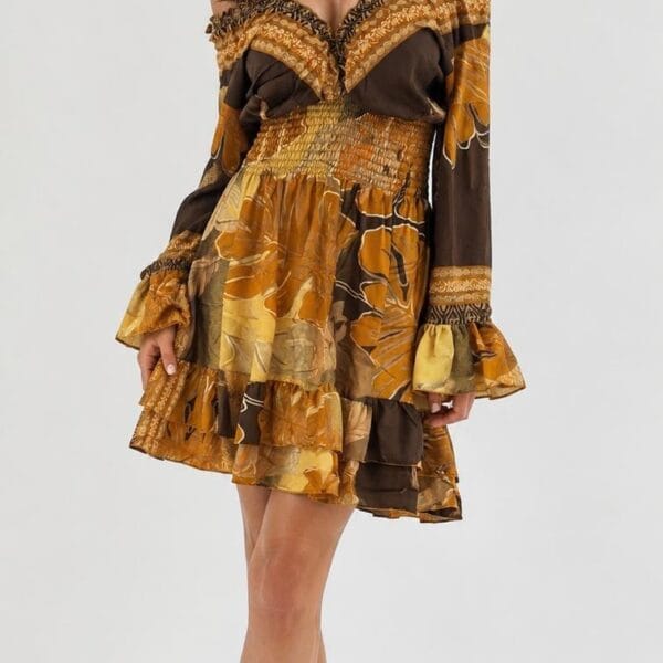 Golden Palm Off-Shoulder Bell-Sleeve Mini Dress