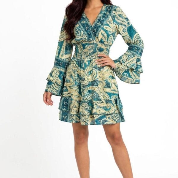 Teal Paisley Off-Shoulder Bell-Sleeve Mini Dress