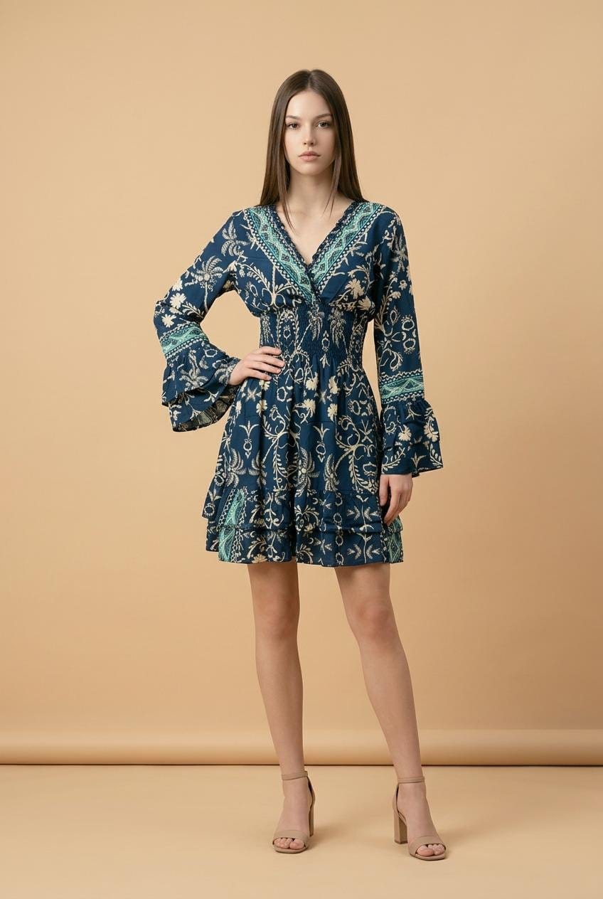 Indigo Paisley Off-Shoulder Bell-Sleeve Mini Dress