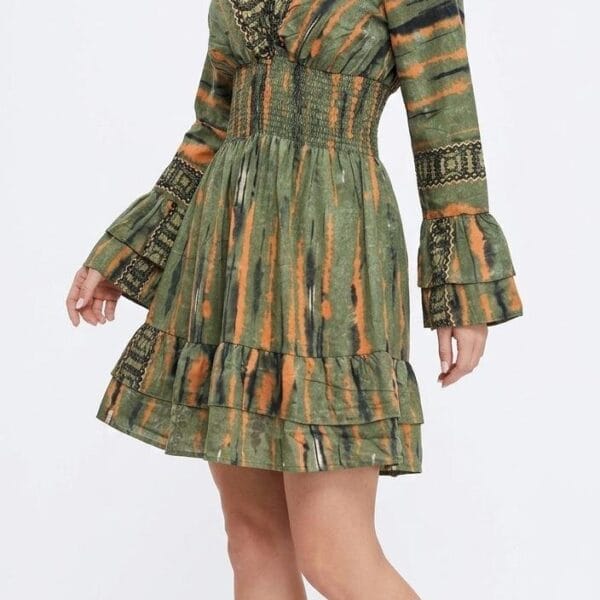 Moss Stripe Off-Shoulder Bell-Sleeve Mini Dress