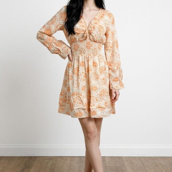 Apricot Bloom Off-Shoulder Bell-Sleeve Mini Dress