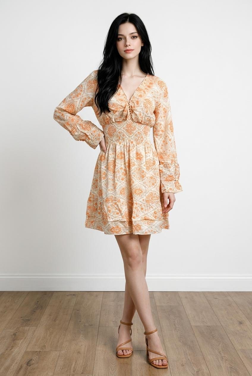 Apricot Bloom Off-Shoulder Bell-Sleeve Mini Dress
