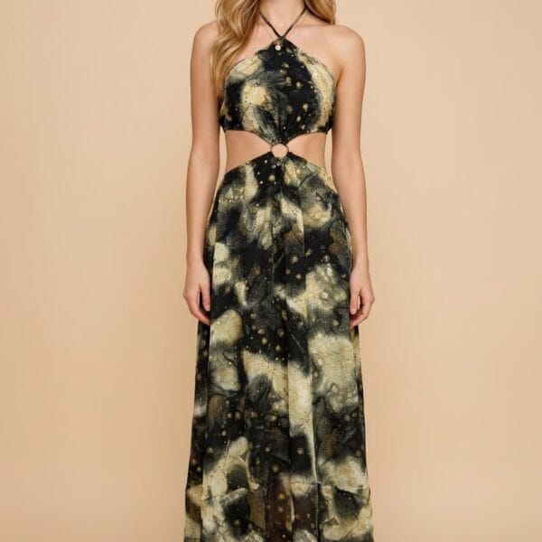 Midnight Gold Cutout Halter Maxi Dress